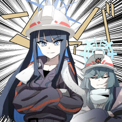  2girls :3 blue_archive blue_eyes blue_hair blue_halo blue_jacket closed_eyes commentary_request cosplay crossed_arms emphasis_lines green_hair grey_scarf grey_shirt halo hard_hat helmet jacket labor_party_member_(blue_archive) labor_party_member_(blue_archive)_(cosplay) long_hair minori_(blue_archive) multiple_girls saori_(blue_archive) scarf shirt sound_effects towel towel_around_neck user_vnke7835 white_helmet 