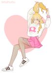  1girl absurdres blonde_hair blue_eyes highres looking_at_viewer pink_nails pink_skirt ponytail princess_peach shoes skirt sneakers solo super_mario_bros. white_background wildmuffin2000 