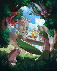  1girl :d bag bandana bird black_eyes black_gloves black_shorts black_socks blue_eyes blue_sky bridge bright_pupils brown_hair bug claws closed_eyes clouds combusken commentary day electrike english_commentary fang fanny_pack flying gloves grass green_bag green_bandana highres hoenn_route_119 in-universe_location in_tree kelvin-trainerk latias linoone making-of_available masquerain may_(pokemon) medium_hair nature open_mouth orange_shirt outdoors outstretched_arms pokemon pokemon_(creature) pokemon_emerald pokemon_ruby/sapphire/emerald shirt shorts sky sleeveless sleeveless_shirt smile socks spread_arms taillow tree tropius walking water waterfall white_pupils wooden_bridge wurmple zigzagoon 