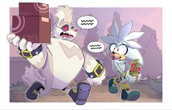  2boys box bracelet carrying commentary deadlyrabitt english_commentary fangs flower_pot furry furry_male grey_fur hedgehog_boy highres holding holding_box holding_flower_pot jewelry looking_at_another male_focus multiple_boys open_mouth silver_the_hedgehog skunk_boy smile sonic_(series) sonic_the_hedgehog_(idw) speech_bubble spiked_bracelet spikes tumble_the_skunk white_fur 