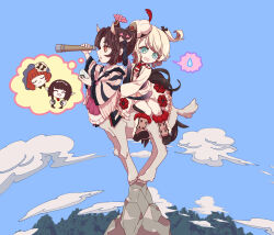  2girls aqua_eyes black_hair blonde_hair blue_sky bonnet centauroid clantail closed_eyes clouds commentary_request flower_ornament forest frilled_skirt frills hat hat_feather highres hime_cut holding holding_telescope horns japanese_clothes magical_girl mahou_shoujo_ikusei_keikaku mahou_shoujo_ikusei_keikaku_restart miyokata_no_nako monster_girl multiple_girls nature orange_hair outdoors pechika_(mahoiku) red_hair rionetta short_hair sitting skirt sky tassel taur tears telescope tree yin_yang_hair_ornament yomo_gigyoza 