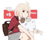  1girl antenna_hair backpack bag blonde_hair commentary_request grey_skirt looking_at_viewer lycoris_recoil nishikigi_chisato pleated_skirt red_eyes red_shirt rr_tdna shirt short_hair skirt smile solo squatting stuffed_animal stuffed_sheep stuffed_toy translation_request v 