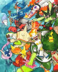  :3 aqua_eyes arms_behind_head black_sclera blue_eyes chesnaught claws closed_eyes colored_sclera commentary cropped dot_nose english_commentary fire fire_bird_(skeledirge) from_above green_eyes greninja highres incineroar infernape lying megaium meowscarada mofinngram on_back open_mouth painting_(medium) pikachu pokemon pokemon_(creature) pokemon_focus primarina quaquaval sharp_teeth sitting skeledirge smile spikes swimming teeth torterra traditional_media water watercolor_(medium) yellow_eyes yellow_sclera 