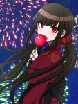  1girl alternate_costume bangs black_bow bow brown_hair candy_apple commentary_request danganronpa_(series) danganronpa_v3:_killing_harmony fireworks floral_print food from_side hair_ornament hairclip harukawa_maki highres holding holding_food japanese_clothes kimono long_sleeves mole mole_under_eye night night_sky obi red_eyes red_kimono sash shiny shiny_hair sky solo suiren_yurei twintails upper_body 