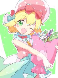  1girl :d ;d amitie_(puyopuyo) amitie_(spotlight)_(puyopuyo) blonde_hair blue_bow blue_flower bonnet bouquet bow bow_hairband bowtie commentary dress flower gloves green_eyes hairband highres holding holding_bouquet jazz_grace leaf looking_to_the_side low_wings medium_hair official_alternate_costume one_eye_closed open_mouth pink_bonnet pink_dress polka_dot polka_dot_dress polka_dot_headwear purple_flower puyopuyo puyopuyo_quest red_bow red_bowtie red_hairband see-through_clothes see-through_gloves sleeveless sleeveless_dress smile solo sparkle standing upper_body white_flower white_gloves white_wings wings 