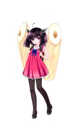  1girl :o absurdres ahoge backpack bag black_pantyhose black_shoes blue_bow blue_bowtie blunt_bangs bow bowtie brown_hair collarbone dress edomura_niniko frilled_dress frills full_body headgear highres holding_strap kiritanpo_(food) looking_at_viewer mary_janes official_art open_mouth pantyhose pink_dress pleated_dress red_eyes sailor_collar sailor_dress second-party_source shoes short_dress short_hair simple_background sleeveless sleeveless_dress solo standing touhoku_kiritan transparent_background twintails voiceroid white_sailor_collar 