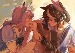  2girls absurdres animal_ears bow bowtie brown_hair closed_mouth commentary dappled_sunlight ear_bow english_commentary green_bow guitar hair_bow highres holding holding_guitar holding_instrument holding_plectrum horse_ears horse_girl instrument long_hair looking_at_another mejiro_mcqueen_(umamusume) multicolored_hair multiple_girls pink_bow playing_guitar playing_instrument plectrum ponytail puffy_short_sleeves puffy_sleeves purple_bow purple_bowtie purple_sailor_collar sailor_collar school_uniform short_sleeves streaked_hair sunlight tapeanna tokai_teio_(umamusume) tracen_school_uniform umamusume violet_eyes white_sailor_collar white_streaks 