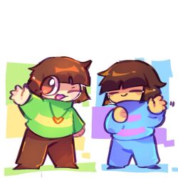  2others =_= androgynous blue_sweater blush brown_eyes brown_hair brown_pants chara_(undertale) chibi chibi_only double_horizontal_stripe frisk_(undertale) green_sweater greycat heart heart_necklace jewelry multiple_others necklace one_eye_closed other_focus pants single_horizontal_stripe striped_clothes striped_sweater sweater two-tone_sweater undertale utdr_(toby_fox) waving 
