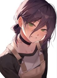  1girl backlighting black_choker black_shirt chainsaw_man choker commentary_request double-parted_bangs from_above green_eyes grey_overalls hair_between_eyes hair_bun highres light_blush long_bangs looking_at_viewer medium_hair overalls parted_lips ponpoko_rin0826 raglan_sleeves reze_(chainsaw_man) shirt simple_background smile solo teeth two-tone_shirt upper_body white_background white_shirt 