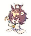  1girl agnes_tachyon_(umamusume) ahoge animal_ears bangs bento brown_hair carrot chibi coat flower food food_on_face fork full_body hair_flower hair_ornament holding holding_fork horse_ears labcoat motion_lines notice_lines open_mouth oversized_clothes puipuimui red_eyes rice sailor_collar simple_background skirt sleeves_past_fingers sleeves_past_wrists smile solo umamusume white_background white_coat 