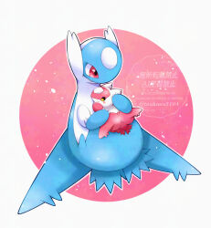  absurdres blush_stickers character_doll claws commentary_request doll full_body highres holding holding_doll latias latios no_humans pokemon pokemon_(creature) red_eyes smile solo tsukasa_pika watermark 