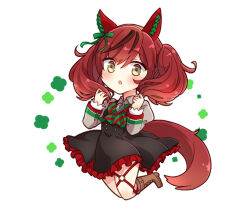  1girl animal_ears black_dress blush boots bow bowtie brown_boots brown_eyes brown_hair diagonal-striped_bow dress ear_bow ear_covers ear_ribbon enkichi_totan green_bow green_bowtie horse_ears horse_girl horse_tail juliet_sleeves long_sleeves looking_at_viewer medium_hair multicolored_hair nice_nature_(poinsettia_ribbon)_(umamusume) nice_nature_(umamusume) o-ring o-ring_thigh_strap open_mouth pinafore_dress puffy_sleeves shirt sleeveless sleeveless_dress solo streaked_hair striped_bow striped_bowtie striped_clothes tail thigh_strap twintails umamusume 