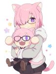  2girls :3 alternate_costume animal_ears azu_(kirara310) black-framed_eyewear black_dress black_pantyhose blush brown_footwear carrying carrying_person cat_ears cat_tail chibi closed_mouth collared_dress commentary_request cosplay dress fate/grand_order fate_(series) glasses grey_jacket hair_over_one_eye highres hood hood_down hooded_jacket hug hug_from_behind jacket kemonomimi_mode long_sleeves looking_at_viewer mash_kyrielight mash_kyrielight_(cosplay) melty_blood melty_blood:_type_lumina multiple_girls necktie neco-arc official_alternate_costume one_eye_covered open_mouth pantyhose pink_hair red_necktie shoes signature size_difference smile tail tsukihime tsukihime_(remake) violet_eyes white_background 