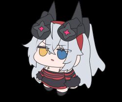  1girl akaoni_(zumt3548) animated animated_gif bare_shoulders black_horns black_shirt black_skirt blue_eyes chibi crossed_bangs detached_sleeves disgust from_above full_body grey_hair hair_between_eyes heterochromia horns lindverne_sunbringer long_hair mechanical_horns official_alternate_costume open_mouth red_shirt shaded_face shirt skirt solo transparent_background two-tone_shirt white_background zenless_zone_zero 