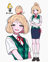 1girl absurdres animal_crossing animal_ears blonde_hair blue_skirt blush brown_eyes collared_shirt dixretsa dog_ears dog_girl full_body green_vest highres holding humanization isabelle_(animal_crossing) looking_at_viewer multiple_views neck_ribbon open_mouth paper pencil_skirt plaid_clothes plaid_vest red_ribbon ribbon shirt shoes short_hair short_sleeves simple_background skirt smile socks teeth topknot upper_teeth_only vest white_background white_shirt white_socks 