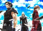  3boys angeal_hewley aqua_eyes armor bangs belt black_feathers black_gloves black_hair black_jacket black_pants black_shirt blurry blurry_foreground brown_hair buckle chest_strap clouds cloudy_sky collarbone cowboy_shot crisis_core_final_fantasy_vii facial_hair falling_feathers feathers final_fantasy final_fantasy_vii gaura_(wildxbabe) genesis_rhapsodos gloves hair_between_eyes high_collar jacket long_hair long_jacket looking_at_viewer male_focus medium_hair multiple_belts multiple_boys muscular muscular_male open_collar outdoors pants parted_bangs red_gloves red_jacket sephiroth shirt shoulder_armor sideburns sky sleeveless sleeveless_shirt smile soul_patch suspenders white_feathers white_hair 