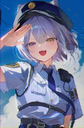 030_bv 1girl :3 alternate_hair_length_(shorter) animal_ears blue_eyes blue_necktie blue_shirt blue_sky blurry blurry_background buttons collared_shirt commentary_request fang fox_ears fox_girl hair_between_eyes hand_up hat heterochromia highres korean_commentary looking_at_viewer multicolored_hair necktie open_mouth outdoors police police_hat police_uniform purple_hair salute shirt short_sleeves sky solo stellive streaked_hair swept_bangs tenko_shibuki upper_body v-shaped_eyebrows virtual_youtuber white_streaks yellow_eyes 