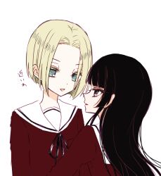  2girls adelheid_muller ai_tanaka black_eyes black_hair blonde_hair blue_eyes commentary_request engawa_(osstbti) highres hime_cut long_hair mahou_shoujo_ikusei_keikaku mahou_shoujo_ikusei_keikaku_black multiple_girls sailor_collar school_uniform smile umemizaki_middle_school_uniform white_background 