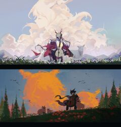  2boys animal_ears arknights bench black_cape black_hair black_pants blue_sky bow_(music) cape cello chinese_commentary closed_eyes clouds commentary_request ebenholz_(arknights) epaulettes goat goat_boy goat_ears goat_horns highres holding holding_bow_(music) horns instrument kreide_(arknights) leyuanzhuifang long_hair male_focus mountainous_horizon multiple_boys outdoors pants playing_instrument red_cape shaped_cloud sheep sitting sky spread_legs tree two-sided_cape two-sided_fabric very_long_hair 