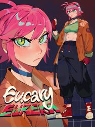  1girl absurdres black_pants blue_choker brown_jacket character_name choker diforland fingerless_gloves gloves green_eyes green_sports_bra highres jacket multicolored_shoes multiple_views open_clothes open_jacket original pants pink_hair red_gloves red_shoes shoes short_hair sports_bra two-tone_shoes white_shoes 