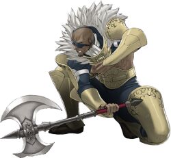  1boy arm_armor armor axe bald basilio_(fire_emblem) black_pants clenched_hand dark-skinned_male dark_skin eyepatch fire_emblem fire_emblem_awakening full_body gold_armor holding holding_axe kozaki_yuusuke leg_armor looking_ahead lowres mature_male muscular muscular_male official_art pants solo transparent_background 