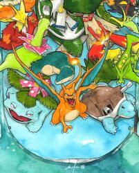  aqua_eyes blastoise blaziken bright_pupils cannon charizard claws closed_eyes closed_mouth colored_sclera commentary cropped delphox dragon dragon_wings emboar english_commentary fangs fire flame-tipped_tail flower from_above highres infernape leaf looking_up lying meganium mofinngram on_stomach open_mouth painting_(medium) pokemon pokemon_(creature) pokemon_focus red_eyes sceptile serperior signature sitting tail torterra traditional_media typhlosion venusaur wailord water watercolor_(medium) white_pupils wings yellow_sclera 
