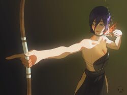  1girl absurdres bare_shoulders black_choker black_skirt bow bow_(weapon) breasts chainsaw_man choker collarbone commentary_request green_eyes grenade_pin hair_between_eyes hair_bun highres holding holding_bow_(weapon) holding_weapon lips purple_hair reze_(chainsaw_man) sideboob skirt sparks szimund weapon 