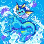  blue_eyes full_body head_fins hiroita looking_at_viewer lowres no_humans open_mouth pixel_art pokemon pokemon_(creature) solo tail vaporeon water 