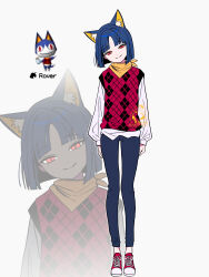  1girl absurdres animal_crossing animal_ears blue_hair blue_pants blunt_ends cat_ears closed_mouth denim dixretsa full_body head_tilt highres humanization jeans long_sleeves looking_at_viewer pants red_eyes red_vest reference_inset rover_(animal_crossing) scarf shirt shoes short_hair simple_background smile sneakers solo standing vest white_background white_shirt zoom_layer 
