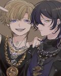  2boys black_hair blonde_hair blue_eyes facing_to_the_side highres jewelry kuzuryu_chisei long_sleeves looking_at_viewer male_focus multiple_boys necklace open_mouth paradox_live shingu_haruomi shirota69 shirt short_hair sketch sleeveless sleeveless_shirt smile yellow_eyes 