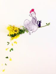  1girl :d black_cat black_dress black_shoes bow bow_hairband broom broom_riding cat commentary_request dress flower flower_(medium) flying hair_bow hairband hanacotoba_jp highres jiji_(majo_no_takkyuubin) kiki_(majo_no_takkyuubin) majo_no_takkyuubin mixed_media open_mouth painting_(medium) petals red_bow red_hairband shoes short_sleeves simple_background smile solo traditional_media unconventional_media watercolor_(medium) yellow_flower yellow_petals 