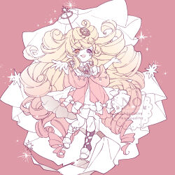  1girl blonde_hair bow commentary_request dress drill_hair earrings frilled_dress frills hair_ornament heterochromia highres jewelry long_hair magical_girl mahou_shoujo_ikusei_keikaku mahou_shoujo_ikusei_keikaku_aces open_mouth pink_background puk_puck smile sparkle star_(symbol) star_print very_long_hair white_bow yomo_gigyoza 