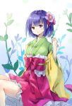  1girl :o bob_cut bow breasts commentary_request flower frilled_skirt frills green_kimono hair_flower hair_ornament hieda_no_akyuu highres japanese_clothes kimono layered_clothes layered_kimono legs long_sleeves medium_breasts one-hour_drawing_challenge parted_lips purple_hair red_bow red_skirt sash shironeko_yuuki sitting skirt solo touhou violet_eyes wide_sleeves yellow_kimono 
