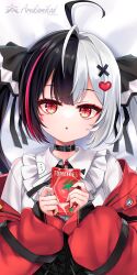  1girl arukamikad black_choker black_hair choker collared_shirt commentary_request drink_carton hair_ornament heart heart_hair_ornament highres holding holding_drink_carton jacket juice juice_carton lacrimosa_(nte) long_hair looking_at_viewer multicolored_hair neverness_to_everness open_mouth red_eyes red_jacket red_streaks shirt solo split-color_hair streaked_hair tomato_juice twintails two-tone_hair white_hair white_shirt x_hair_ornament 