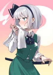  1girl absurdres black_bow black_bowtie black_hairband blush bow bowtie collared_shirt commentary_request gradient_background green_eyes green_skirt green_vest grey_hair hairband highres hitodama holding holding_towel katana konpaku_youmu konpaku_youmu_(ghost) long_sleeves pink_background sheath sheathed shirt skirt skirt_set solo sumiyama_sui sweat sword touhou towel vest weapon white_shirt yellow_background 