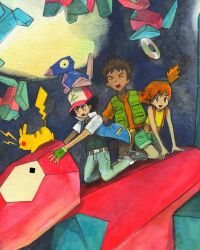  1girl 2boys alternate_color ash_ketchum baseball_cap belt black_hair black_shirt black_shoes blue_jacket blue_pants brock_(pokemon) brown_belt brown_hair brown_pants closed_eyes commentary crop_top cropped dark-skinned_male dark_skin denim disc english_commentary fingerless_gloves gloves green_gloves green_shorts green_vest hat highres jacket jeans lightning_bolt_symbol midriff misty_(pokemon) mofinngram multiple_boys on_head open_clothes open_jacket open_mouth open_vest orange_hair orange_shirt painting_(medium) pants pikachu pokemon pokemon_(anime) pokemon_(classic_anime) pokemon_(creature) pokemon_on_head porygon red_hat riding riding_pokemon shiny_and_normal shiny_pokemon shirt shoes short_hair short_sleeves shorts side_ponytail sleeveless sleeveless_shirt smile spiky_hair square_pupils traditional_media vest watercolor_(medium) yellow_shirt 