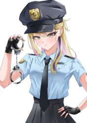  1girl :t aqua_nails black_gloves black_hat black_necktie black_skirt blonde_hair blue_shirt blush closed_mouth commentary_request cuffs fingerless_gloves gloves hair_ribbon hand_on_own_hip handcuffs hat high_ponytail highres holding holding_handcuffs laugh_diamond long_hair multicolored_hair nail_polish necktie pink_hair police police_hat police_uniform ponytail purple_ribbon ribbon shine_post shirt short_sleeves simple_background skirt solo t235711taiga takamura_hibiki white_background yellow_eyes 