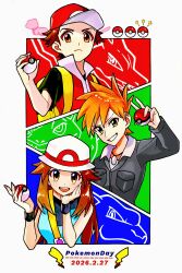  1girl 2boys absurdres backpack bag black_shirt blastoise blue_oak blue_shirt brown_eyes brown_hair charizard closed_mouth commentary_request dated hair_flaps hands_up hat highres holding holding_poke_ball jacket leaf_(pokemon) multiple_boys orange_hair pikachu poke_ball poke_ball_(basic) pokemon pokemon_(creature) pokemon_day pokemon_firered_and_leafgreen red_(pokemon) red_hat red_vest saku06480514 shirt short_hair short_sleeves sidelocks sleeveless sleeveless_shirt starter_pokemon_trio t-shirt venusaur vest vs_seeker white_hat wristband yellow_bag 