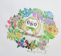 blue_flower branch bright_pupils cherry_blossoms commentary_request daisy_(flower) flower flower_request green_eyes hinata_(usagimoti_19) hydrangea leaf no_humans open_mouth pokemon pokemon_(creature) pokemon_focus purple_flower red_flower red_tulip rowlet simple_background solo sunflower traditional_media tulip twitter_username white_background white_flower white_pupils yellow_flower 