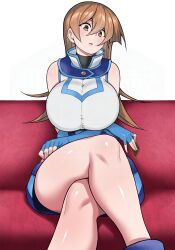  1girl absurdres arms_under_breasts blonde_hair breasts brown_eyes card collar commentary_request crossed_legs fingerless_gloves gloves hair_between_eyes highres holding holding_card huge_breasts long_hair looking_at_viewer mattari_yufi playing_card shiny_skin shirt sitting skirt sleeveless sleeveless_shirt solo tenjouin_asuka yu-gi-oh! yu-gi-oh!_gx 