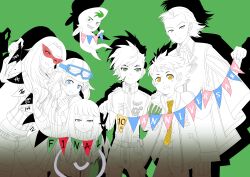  3boys 3girls absurdres ammunition_belt anniversary asahi_(megami_tensei) belt_pouch blue_eyes blush commentary_request compression_sleeve fwa_rw gaston_(megami_tensei) gloves goggles goggles_on_headwear green_background green_eyes grey_eyes hallelujah_(megami_tensei) highres jumpsuit multiple_boys multiple_girls nanashi_(megami_tensei) navarre_(megami_tensei) necktie nozomi_(megami_tensei) one_eye_closed open_mouth pouch shin_megami_tensei shin_megami_tensei_iv_final smile striped_clothes striped_necktie toki_(megami_tensei) translation_request violet_eyes yellow_eyes yellow_necktie 