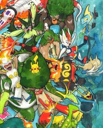  :3 aqua_eyes arms_behind_head black_sclera blaziken blue_eyes bright_pupils cinderace claws closed_eyes colored_sclera commentary cropped decidueye dot_nose emboar empoleon english_commentary fire from_above highres index_finger_raised infernape inteleon lying meganium meowscarada mofinngram nostrils on_back open_mouth orange_eyes painting_(medium) pikachu pokemon pokemon_(creature) pokemon_focus red_eyes rillaboom samurott sceptile serperior sharp_teeth skeledirge sleeping smile swimming teeth torterra traditional_media water watercolor_(medium) white_pupils yellow_eyes yellow_sclera 