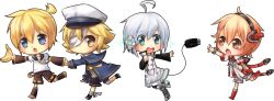  4boys ahoge androgynous banana bandage_over_one_eye bandaged_foot bandaged_leg bandages bass_clef belt black_sailor_collar blonde_hair blue_capelet blue_eyes blue_jacket bow bowtie cable cable_tail capelet chibi chibi_only child cyber_fashion english_commentary food fruit hat headphones headset hibiki_lui highres holding holding_food holding_fruit jacket kagamine_len kittirawr leg_warmers male_focus mechanical_tail multiple_boys necktie oliver_(vocaloid) orange_eyes orange_hair ponytail red_belt retrofuturism ribbon running sailor_collar sailor_hat short_ponytail tail transparent_background usb usb_cable usb_tail utatane_piko vocaloid white_bow white_bowtie white_hair yellow_eyes yellow_necktie yellow_ribbon yellow_trim 