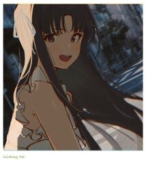  1girl awa_subaru black_hair commentary english_commentary fake_phone_screenshot fake_screenshot frilled_shirt frills girls_band_cry grey_ribbon hair_ribbon highres kiraing_poi long_hair looking_at_viewer open_mouth ribbon shirt sidelocks sleeveless sleeveless_shirt solo teeth upper_body upper_teeth_only violet_eyes white_shirt 