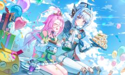  2girls absurdres aino_(genshin_impact) balloon bandaid bandaid_on_leg blue_eyes blue_hair blue_sky blunt_bangs box cake closed_eyes clouds cloudy_sky commentary english_commentary food food_on_face fork genshin_impact gift gift_box hair_between_eyes handkerchief heart_balloon highres holding holding_fork holding_handkerchief ineffa_(genshin_impact) jacket joints long_hair long_sleeves looking_at_another multiple_girls nq_(nnq_q) open_clothes open_jacket open_mouth outdoors pink_hair robot_ears robot_girl robot_joints screw_hair_ornament short_hair sitting sky smile swiss_roll teeth upper_teeth_only white_jacket 