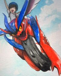  1boy arm_up breast_pocket brown_hair closed_eyes collared_shirt colored_sclera commentary cropped english_commentary florian_(pokemon) flying hat head_wings highres koraidon mofinngram multicolored_eyes naranja_academy_school_uniform necktie open_mouth orange_eyes orange_necktie painting_(medium) pocket pokemon pokemon_(creature) pokemon_scarlet_and_violet riding riding_pokemon school_uniform shirt short_hair short_sleeves smile teeth tongue tongue_out traditional_media two-tone_eyes upper_teeth_only watercolor_(medium) white_shirt wings yellow_eyes yellow_sclera 