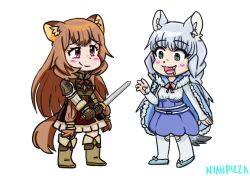 2girls blue_eyes blush boots brown_hair chibi cloak dress drooling ear_fluff fang fox_ears fox_girl fox_tail hataage!_kemono_michi leather_armor nyanpizza pink_eyes raccoon_ears raccoon_girl raccoon_tail raphtalia shigure_(kemonomichi) skirt stockings sword tate_no_yuusha_no_nariagari very_long_hair white_hair white_socks