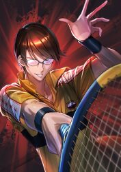  1boy aiming aiming_at_viewer arm_up armband black_armband brown_hair collarbone collared_shirt commentary_request ganbariiiyo glasses glint grin highres holding holding_tennis_racket male_focus open_hand racket red_background shirt short_hair short_sleeves smile smirk solo sportswear star_(symbol) tennis_no_ouji-sama tennis_racket tennis_uniform upper_body yagyuu_hiroshi yellow_shirt 