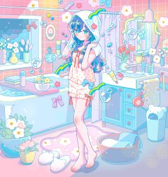  1girl absurdres barefoot bathroom blue_eyes blue_hair blush bubble closed_mouth commentary_request curtains dot_nose double-parted_bangs feet flower full_body highres hiro046k indoors leaf long_hair original pink_flower pink_tulip plant polka_dot polka_dot_shirt polka_dot_shorts potted_plant red_flower red_tulip shirt shorts sleeveless sleeveless_shirt slippers solo standing tile_wall tiles towel towel_on_head tulip unworn_slippers white_flower white_shirt white_shorts white_slippers 