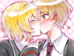  1boy 1girl acharlotte_0214 black_jacket blonde_hair blush checkered_background chinese_commentary closed_eyes collared_shirt commentary_request couple don_quixote_(project_moon) hands_on_another's_shoulder heart hetero highres jacket kiss limbus_company long_sleeves looking_at_another necktie outline pink_background project_moon red_necktie shirt sinclair_(project_moon) upper_body white_background white_shirt yellow_eyes 